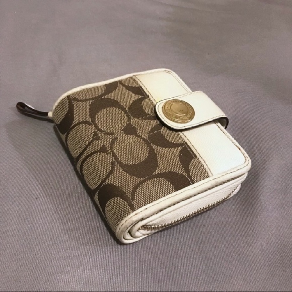 Coach White Leather and Monogram Canvas Wallet